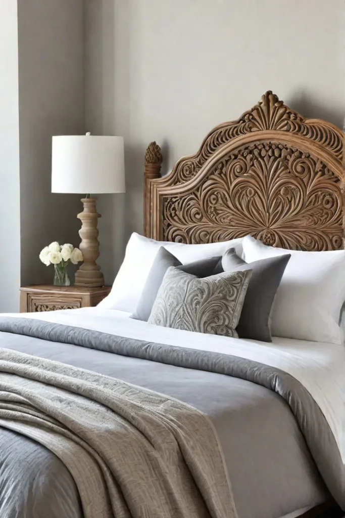 Kingsize bed with ornate oak headboard in a sunlit bedroom