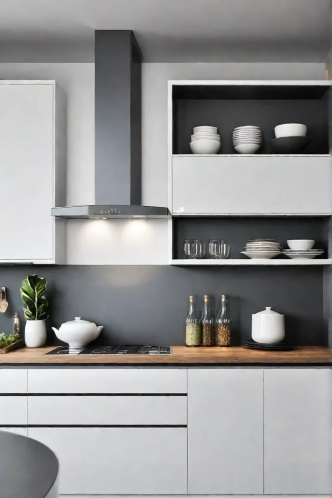 Kitchen design with open shelves and curated collection of cookbooks