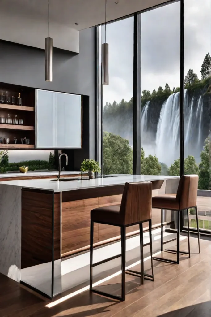 Kitchen island with bar stools and waterfall countertop