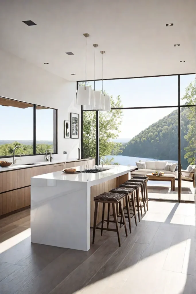 Kitchen with large windows and scenic views