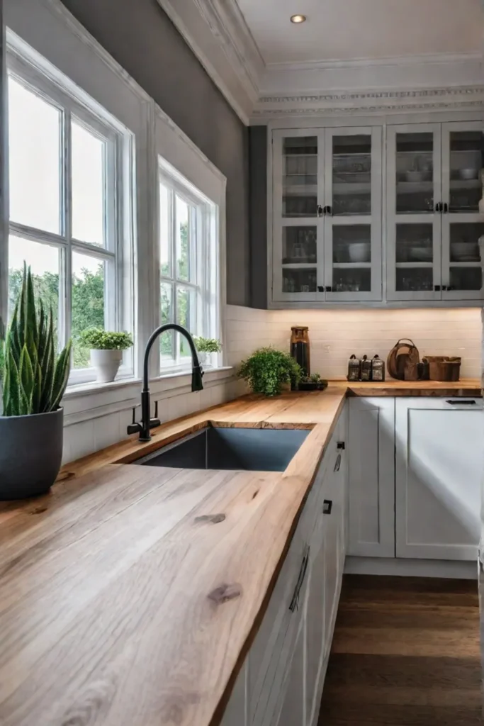 Kitchen with light wood countertop and natural organic aesthetic