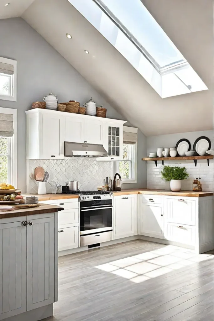 Kitchen with skylight and undercabinet lighting