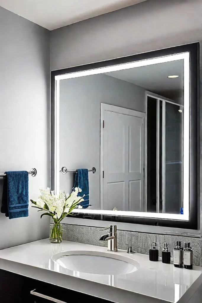 LED vanity lights illuminate the mirror in a transitional bathroom perfect for applying makeup