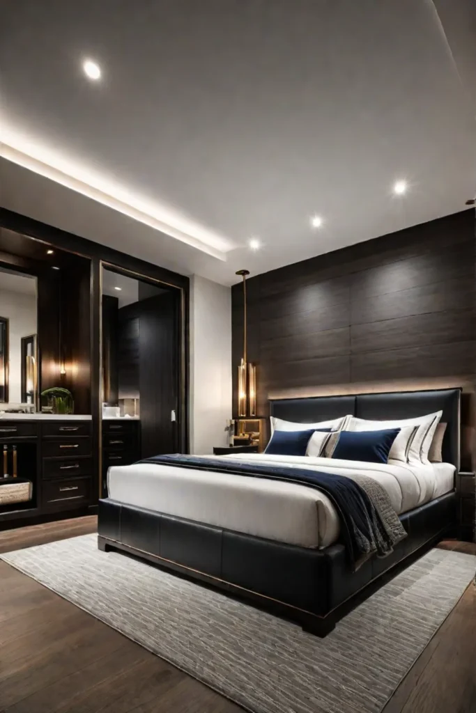 Layered lighting design in a modern bedroom