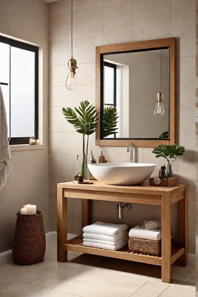Light beige tiles create a cozy and bright atmosphere in a small bathroom