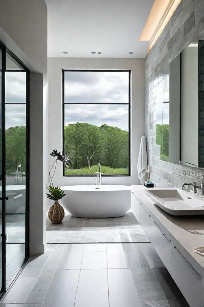 Lightfiltering blinds provide privacy while maintaining a bright and airy feel in a transitional bathroom