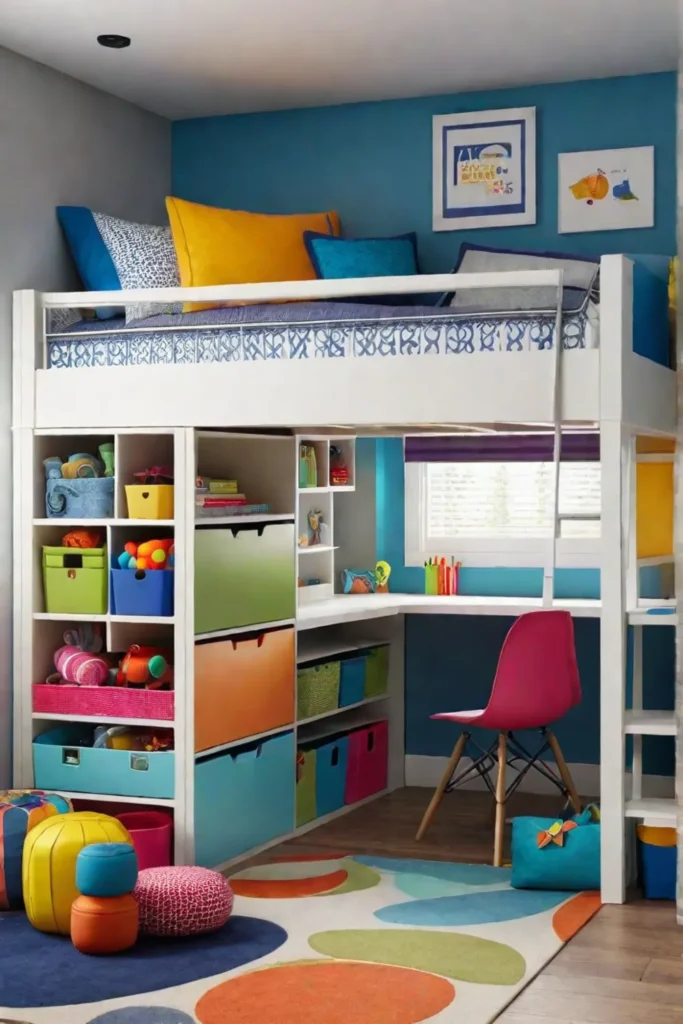 Loft bed maximizing space and storage in a childs bedroom
