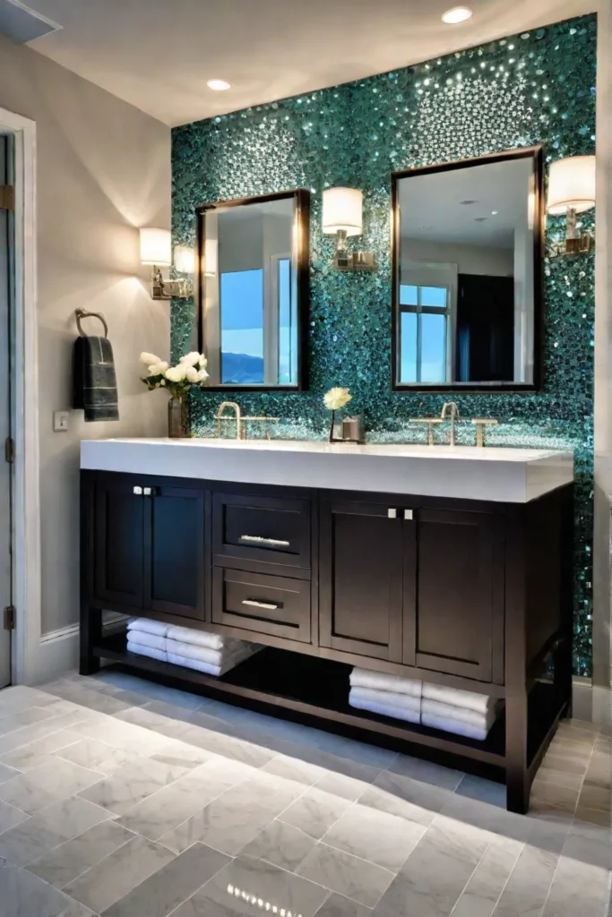 Luxurious bathroom with a glass mosaic tile backsplash and a vanity