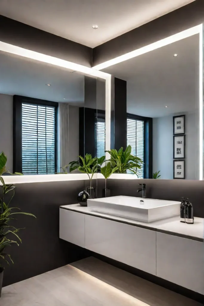 Luxurious bathroom with a large illuminated mirror reflecting ambient and pendant lighting