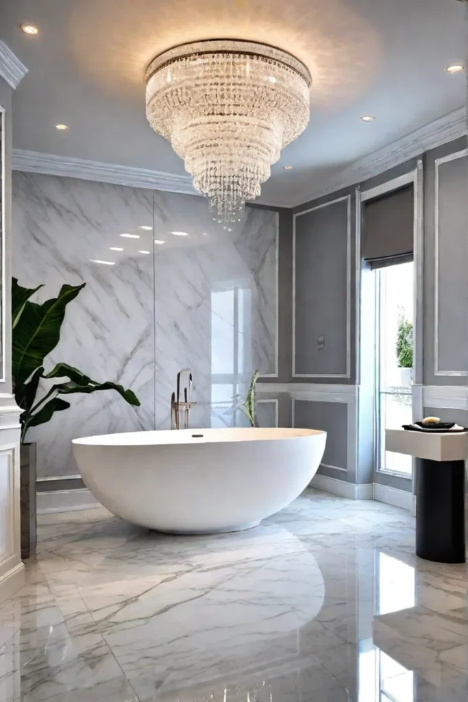 Luxurious bathroom with marble floor and textured wall tiles illuminated by layered lighting