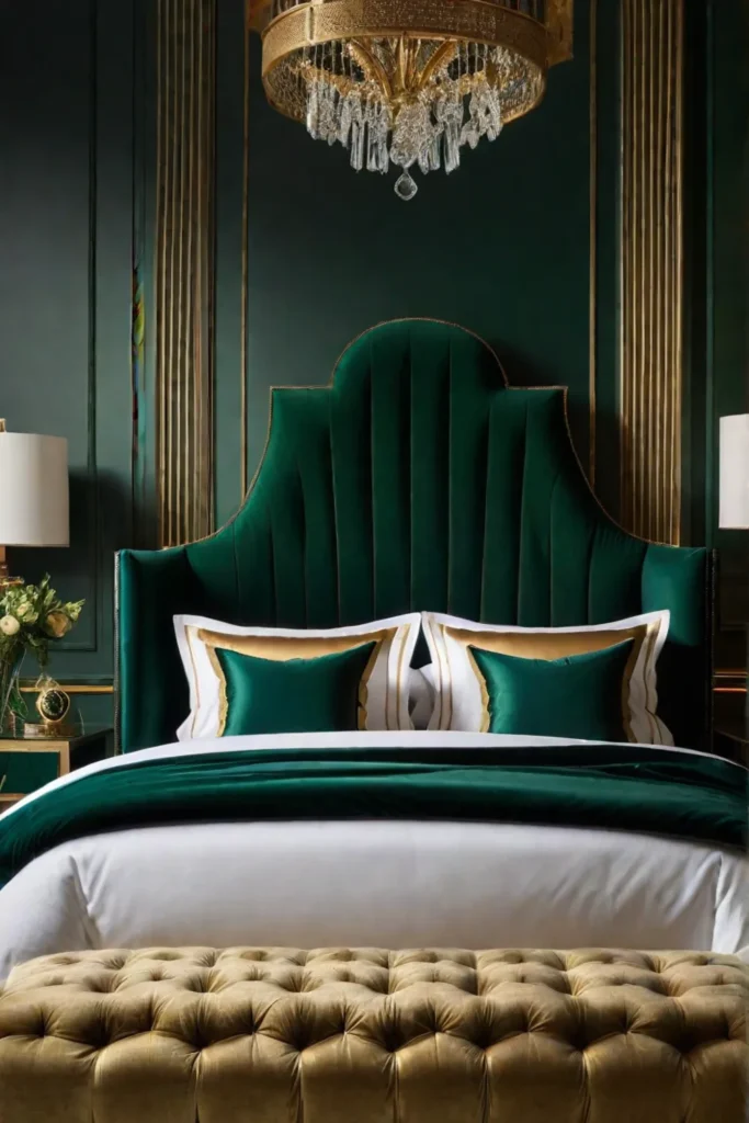 Luxurious bedroom with emerald green and gold accents