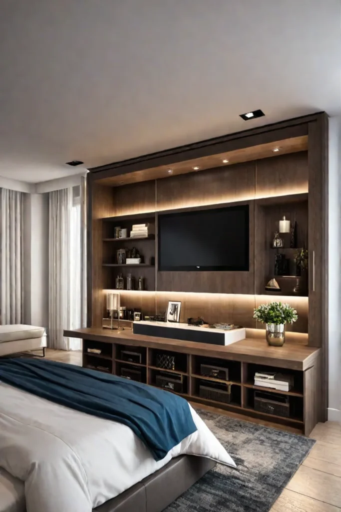 Luxurious bedroom with hidden storage compartment behind the headboard for a clean aesthetic