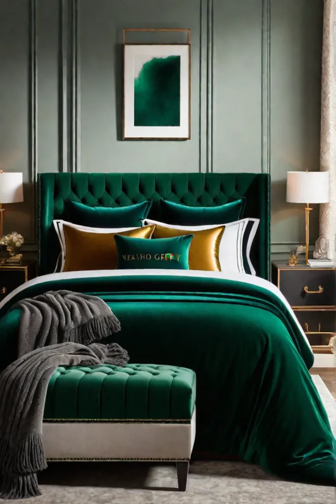 Luxurious bedroom with velvet upholstered headboard and matching decor