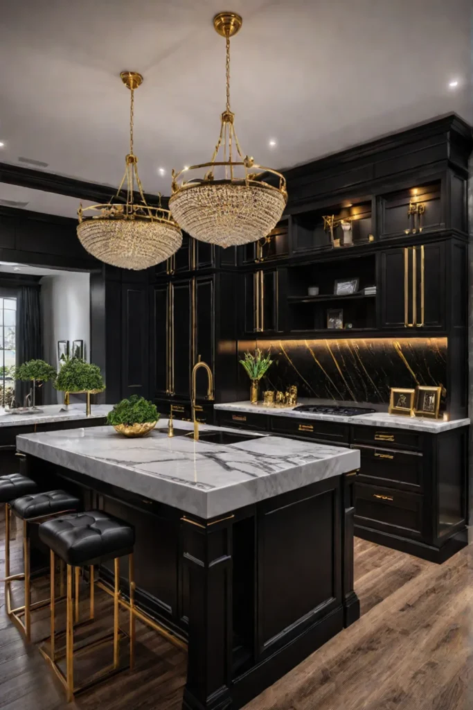 Luxury kitchen with dark quartz countertop and gold accents