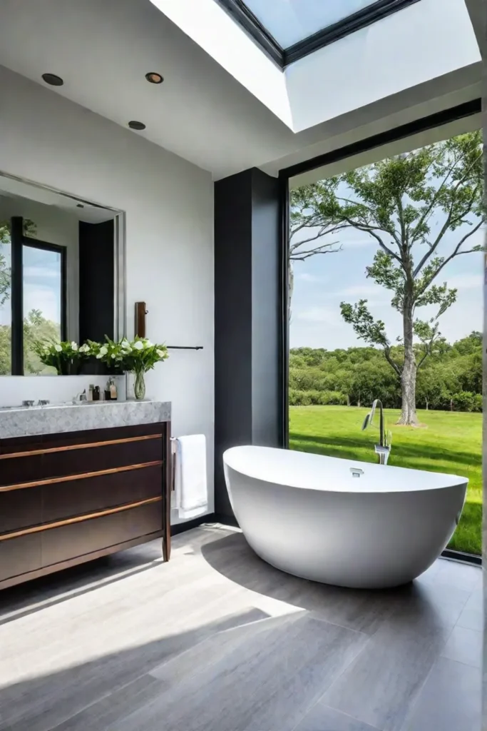 Luxury spa bathroom with freestanding tub and garden view
