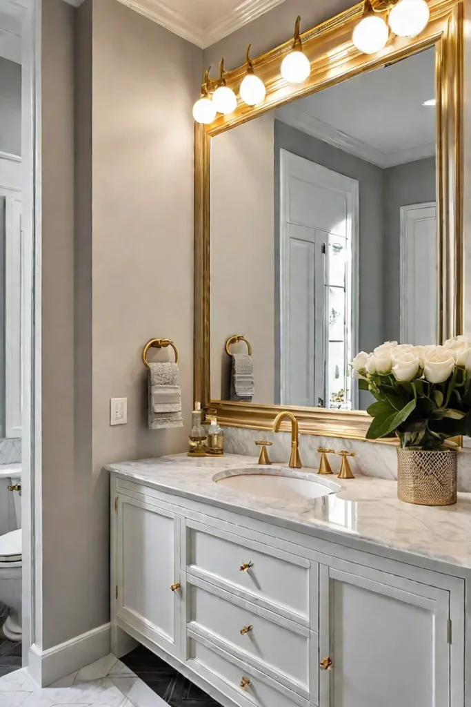 Marbletopped vanity with clean lines in a bathroom with mixed styles