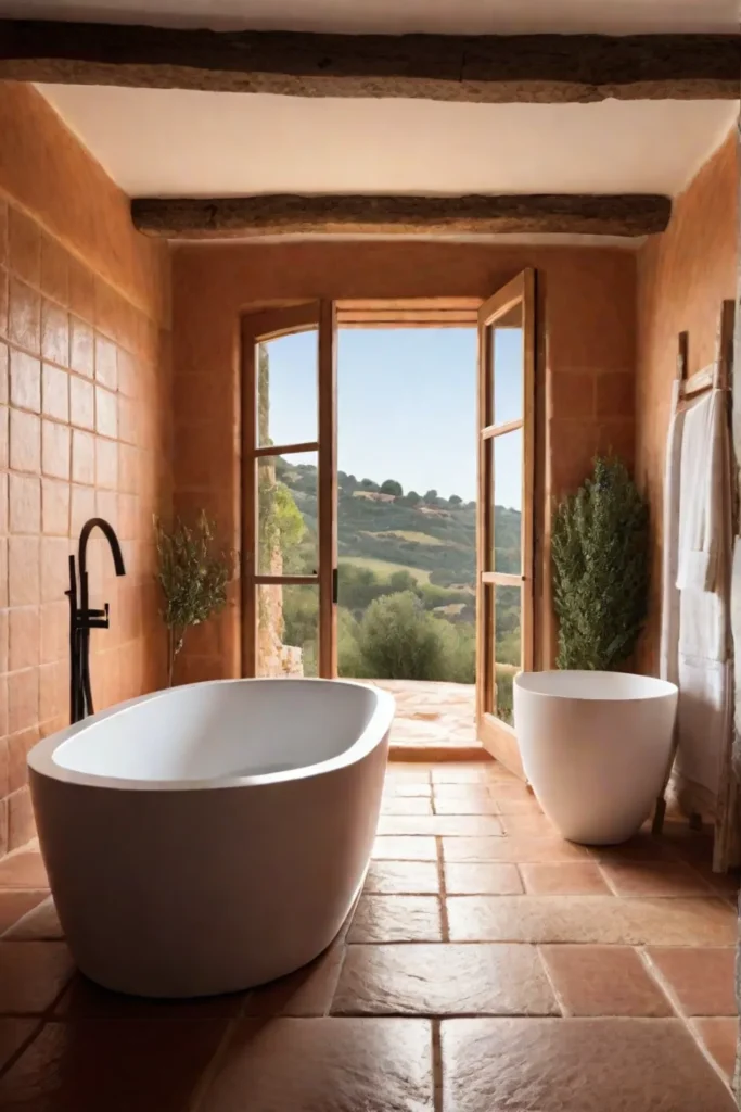 Mediterranean bathroom with terracotta tiles and wooden beams