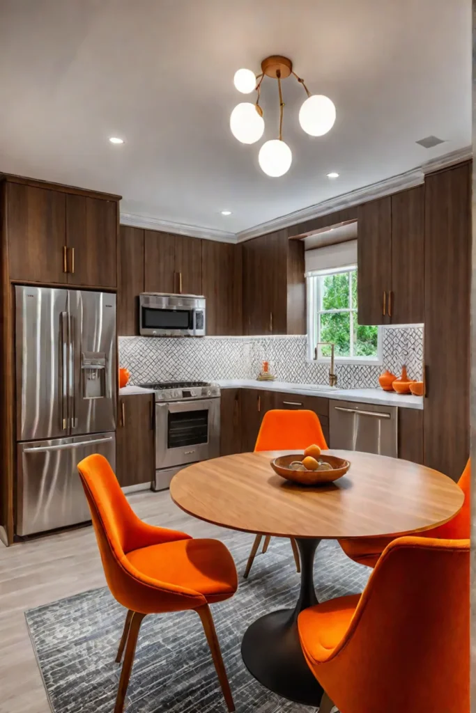 Midcentury modern kitchen geometric patterns Saarinen table