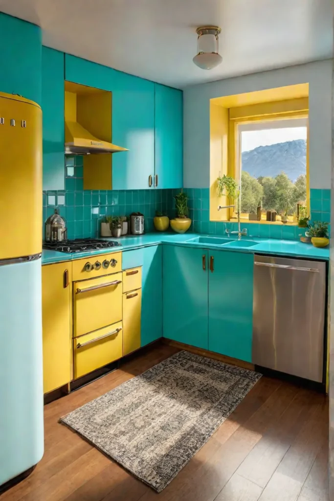 Midcentury modern kitchen turquoise cabinets Smeg refrigerator
