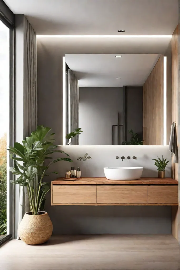 Minimalist bathroom design with warm wood accents