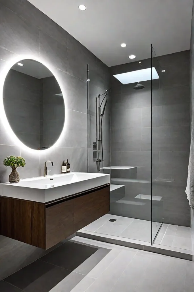 Minimalist bathroom with large format tiles and a floating vanity