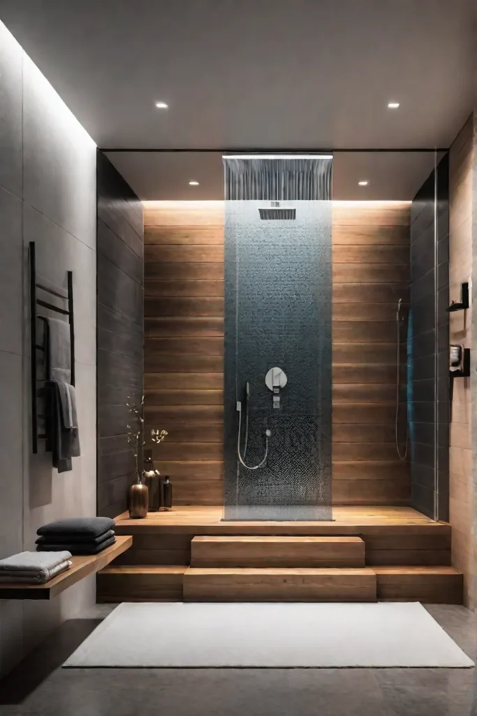 Minimalist bathroom with smart shower and voice control