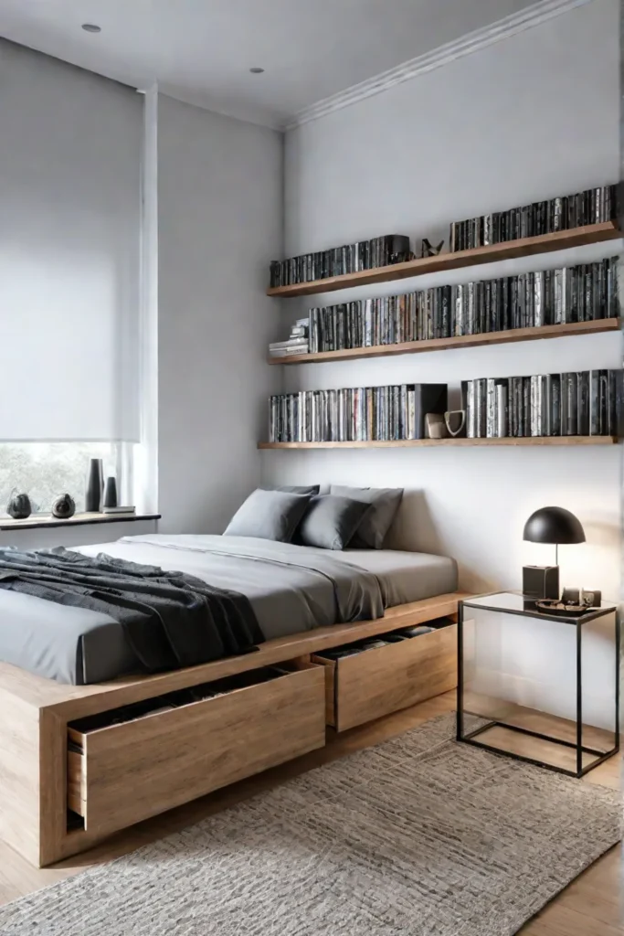 Minimalist bedroom with underbed and wall storage