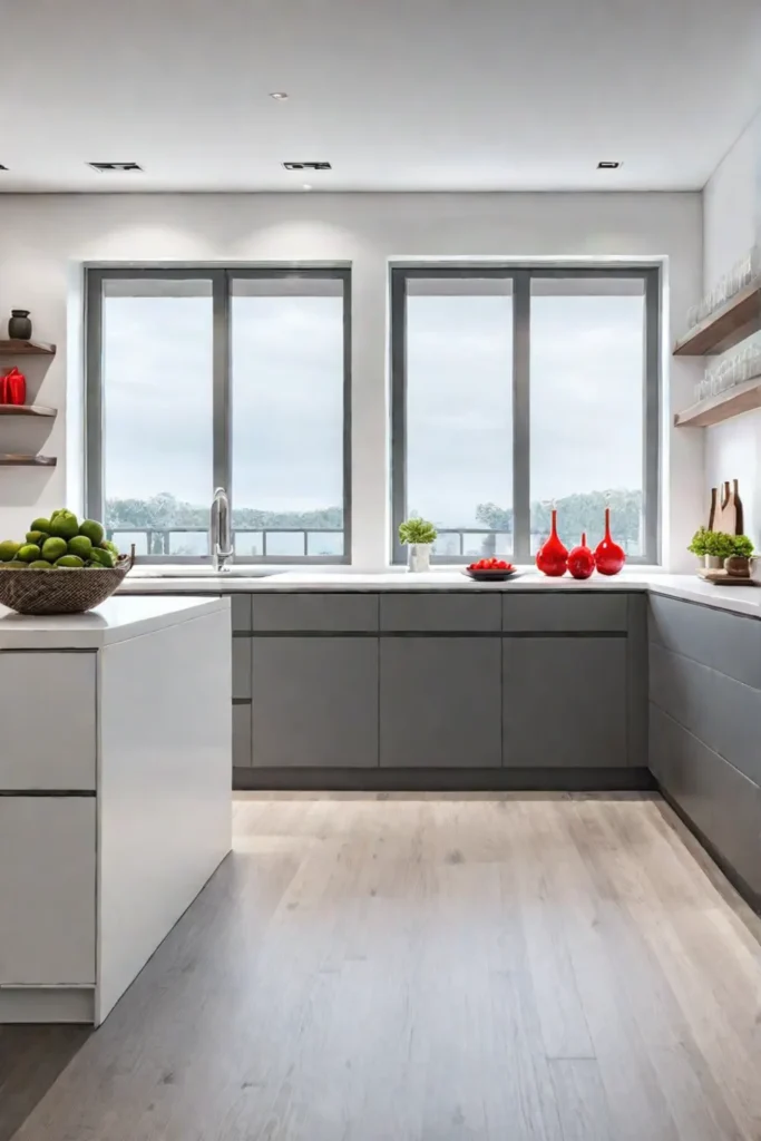 Minimalist kitchen with a bold red statement appliance