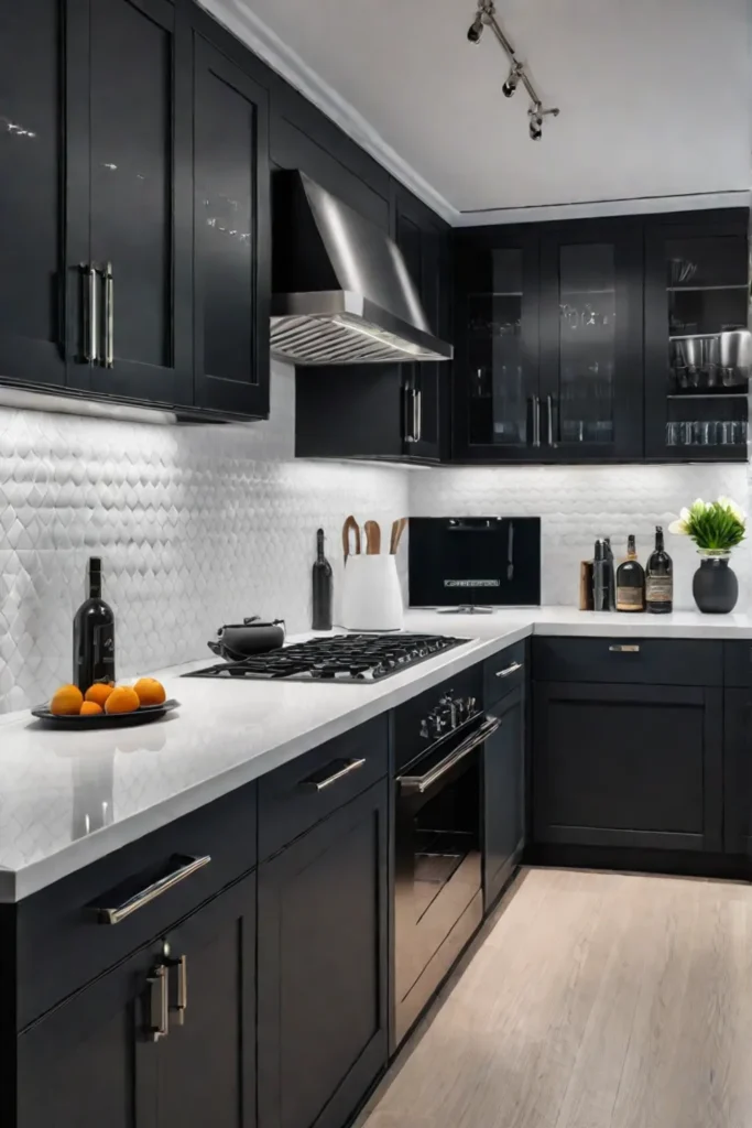 Minimalist kitchen with black cabinets and white quartz countertops