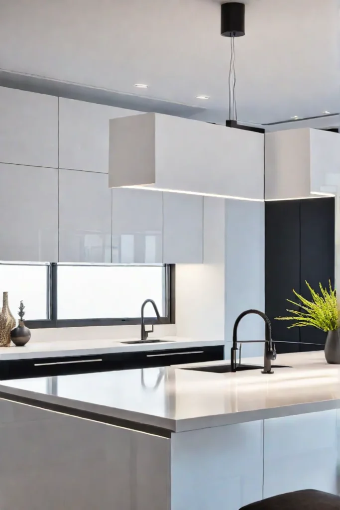 Minimalist kitchen with integrated technology and smart lighting