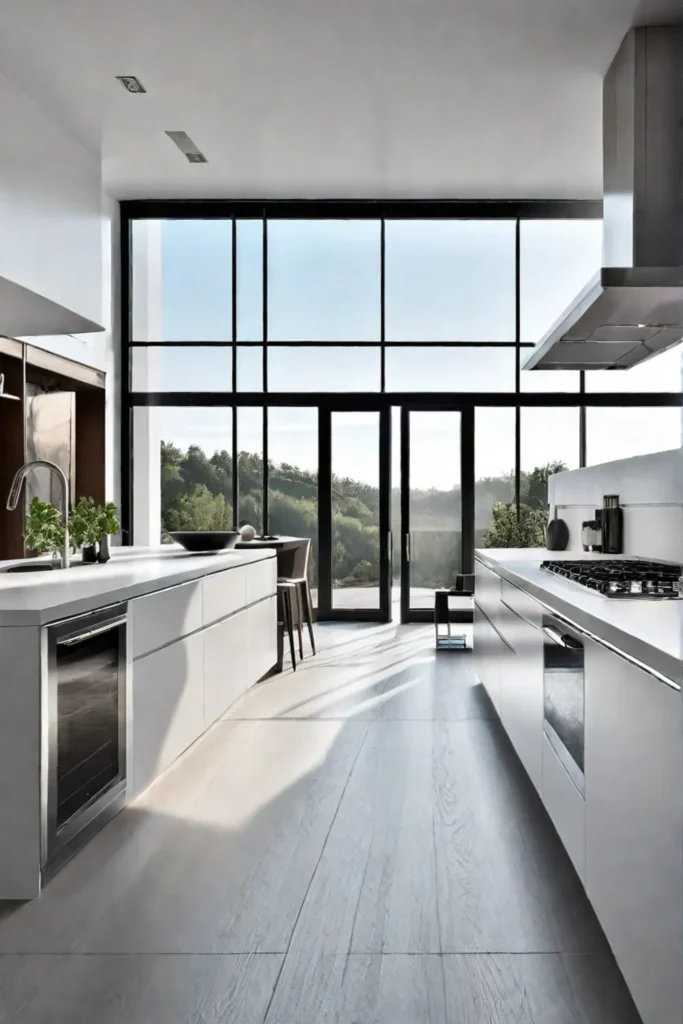 Minimalist kitchen with white cabinets and stainless steel appliances