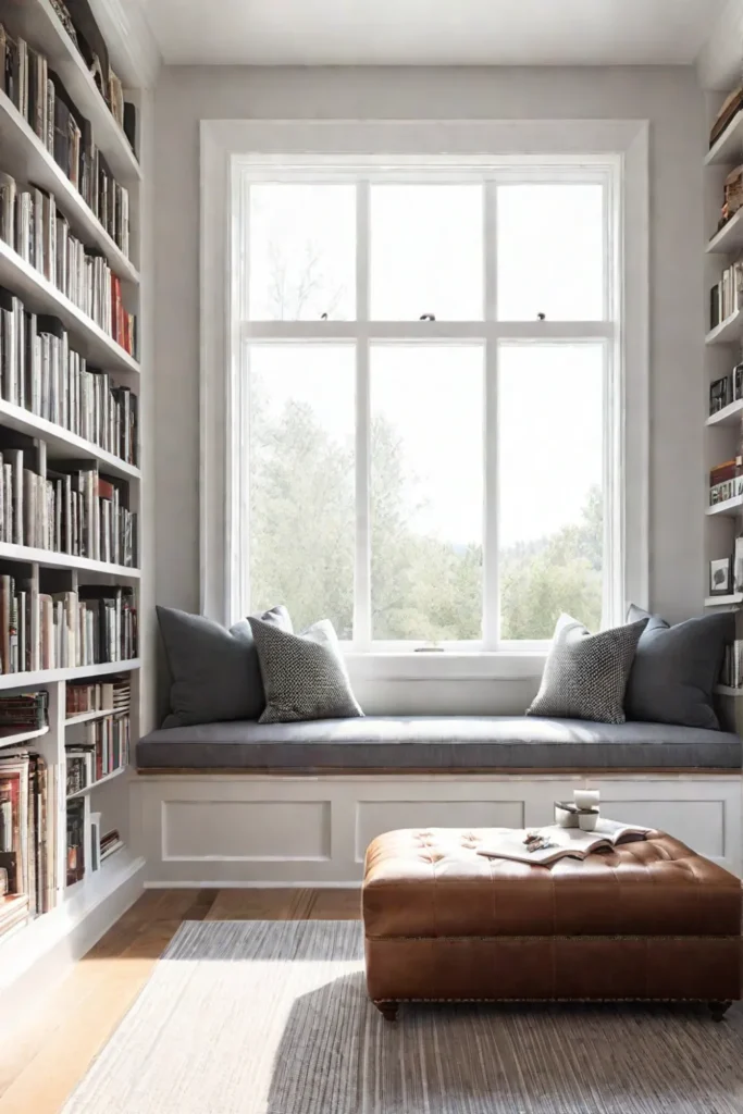 Minimalist living room with builtin bookshelves and a window seat