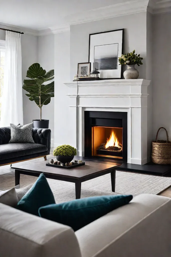 Minimalist living room with fireplace and a comfortable sofa