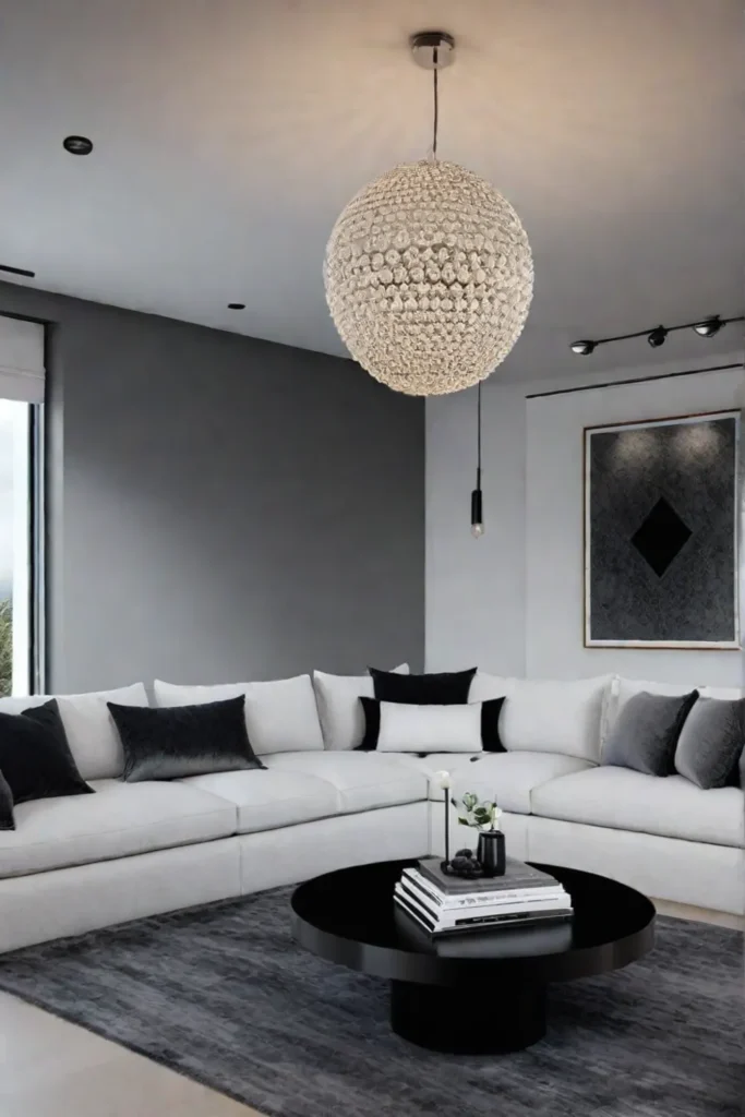 Minimalist living room with statement pendant light and coffee table