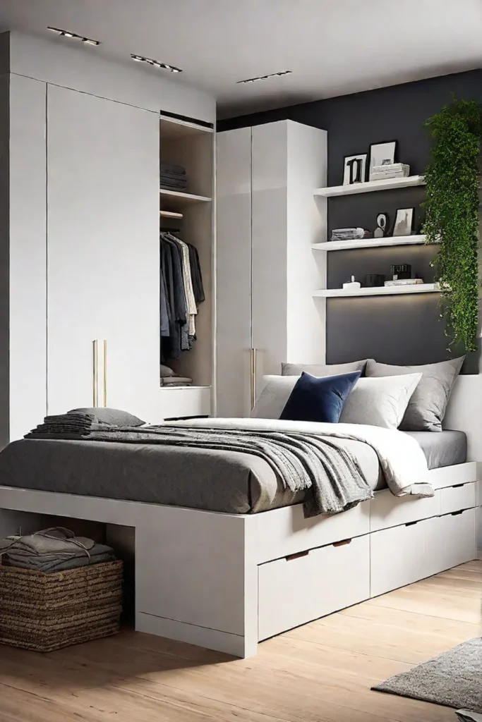Minimalist small bedroom with a platform bed and hidden storage