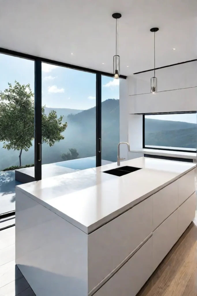 Minimalist white kitchen with integrated appliances and floating shelf