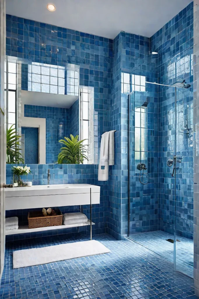 Modern bathroom design with calming blue tiles
