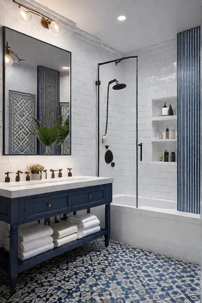 Modern bathroom with a mix of patterned and solid colored tiles