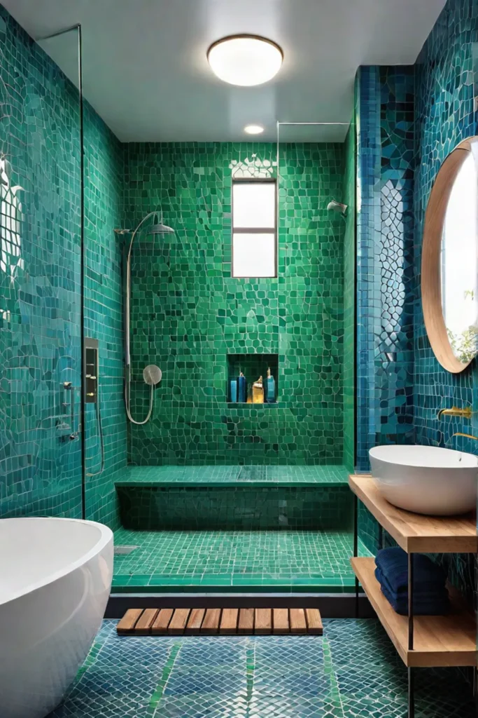 Modern bathroom with blue and green color scheme