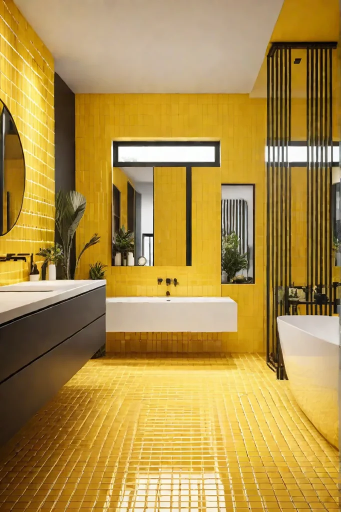 Modern bathroom with energetic yellow tiles and warm lighting