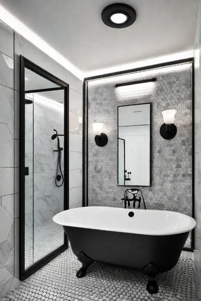 Modern bathroom with hexagonal tile and freestanding tub