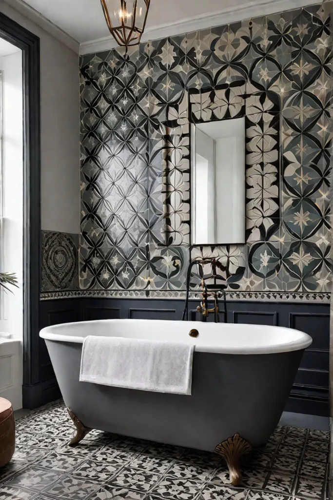 Modern bathroom with largescale encaustic tile patterns