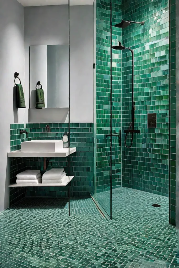 Modern bathroom with mixed ceramic and glass tiles