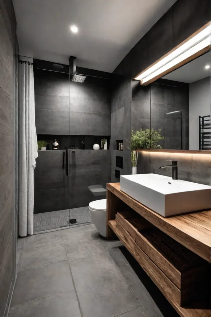 Modern bathroom with mixed materials and budgetfriendly design