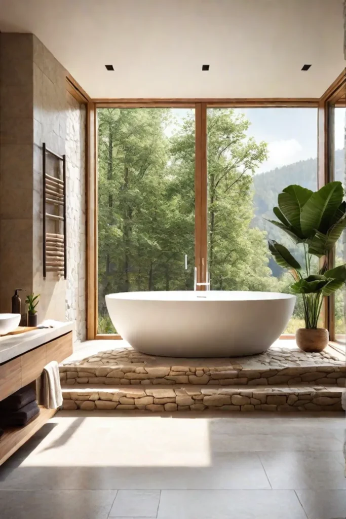 Modern bathroom with natural stone and soaking tub