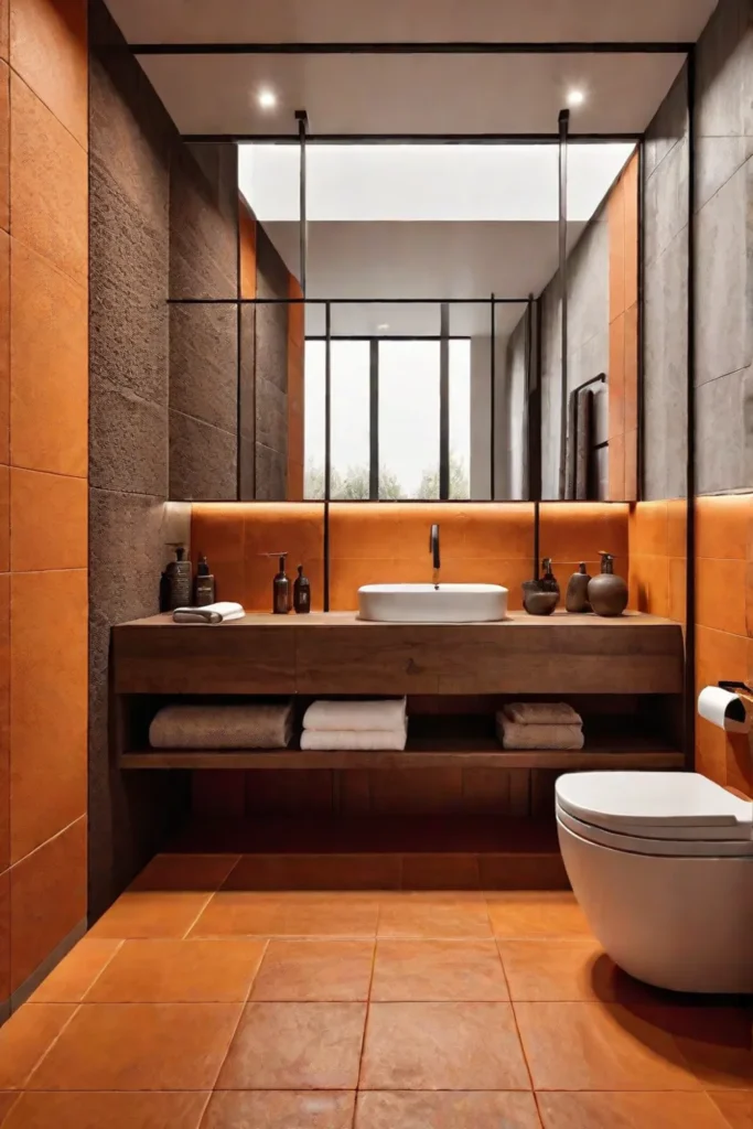 Modern bathroom with rustic accents and textured walls