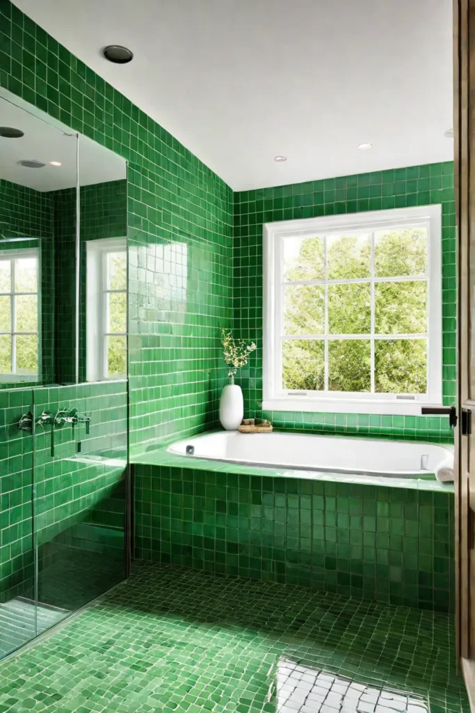 Modern bathroom with serene green tiles and natural light