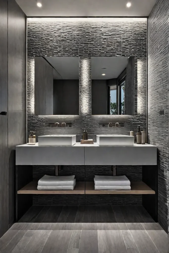 Modern bathroom with textured gray tiles and cool lighting