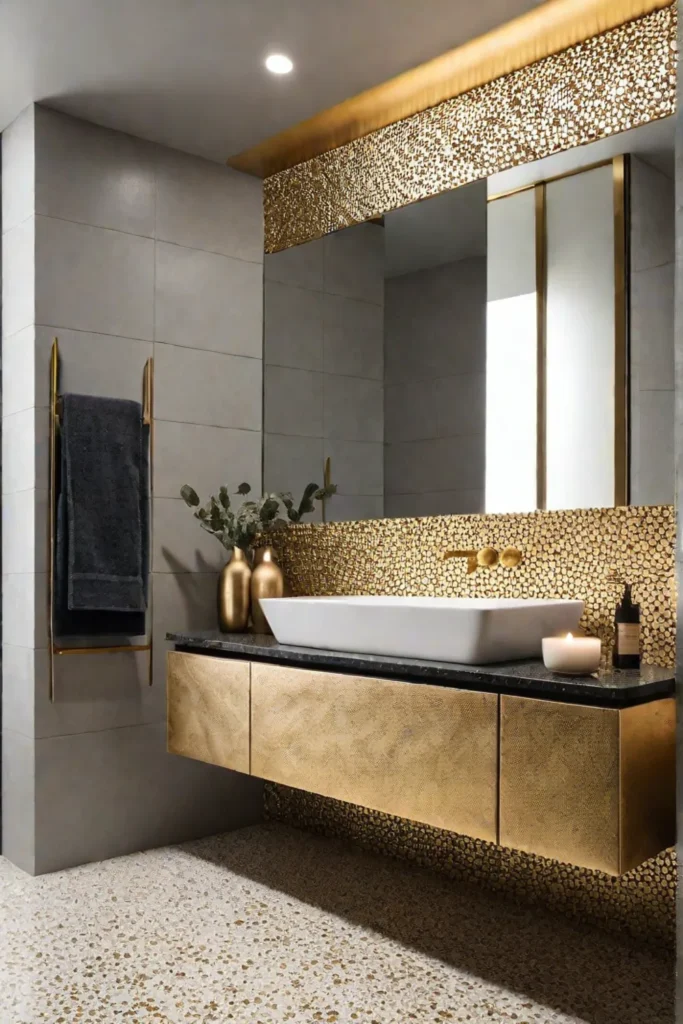 Modern bathroom with unique mirror and floating vanity