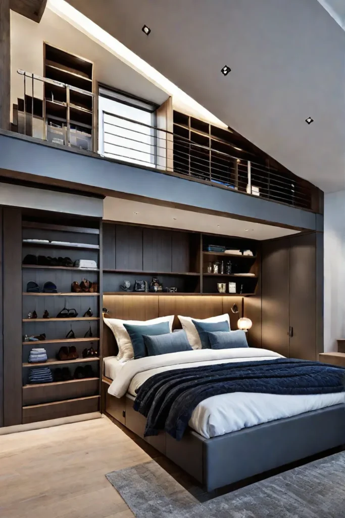 Modern bedroom with understair storage solution featuring drawers and cabinets